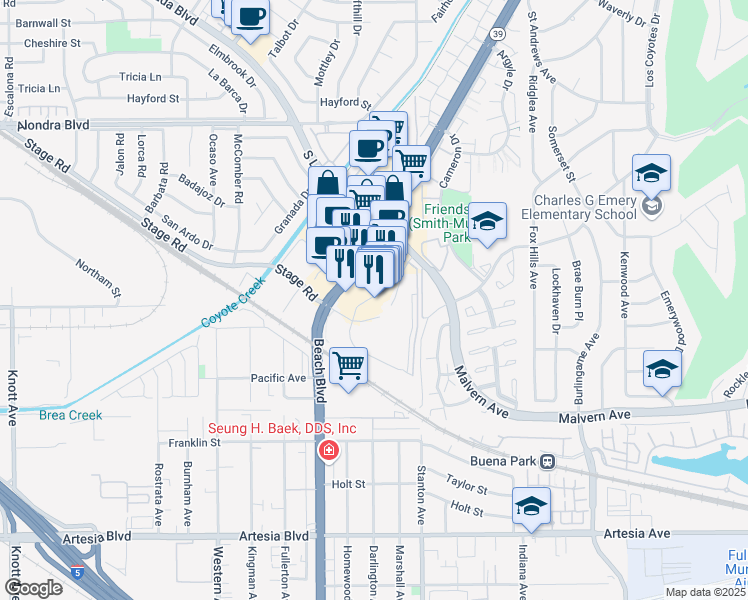 map of restaurants, bars, coffee shops, grocery stores, and more near 5448 River Way in Buena Park