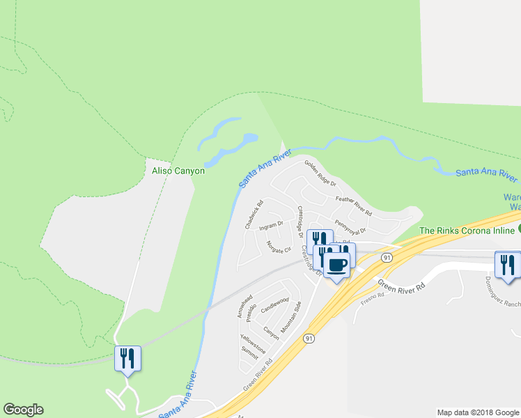 map of restaurants, bars, coffee shops, grocery stores, and more near 11610 Chadwick Road in Corona