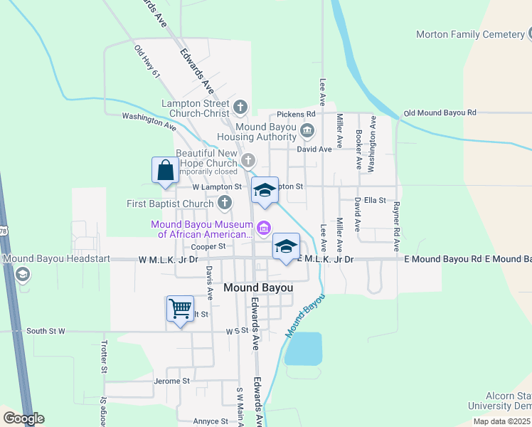 map of restaurants, bars, coffee shops, grocery stores, and more near 204 Edwards Avenue in Mound Bayou