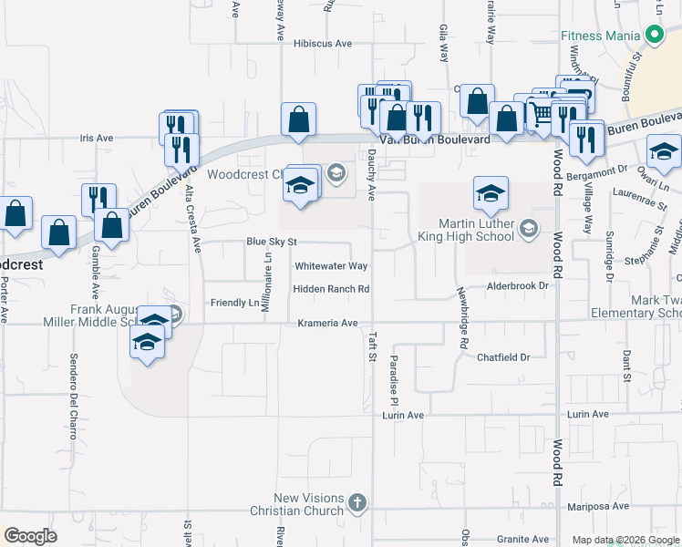 map of restaurants, bars, coffee shops, grocery stores, and more near 18389 Whitewater Way in Riverside