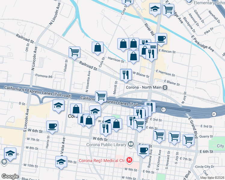 map of restaurants, bars, coffee shops, grocery stores, and more near 125 School Street in Corona