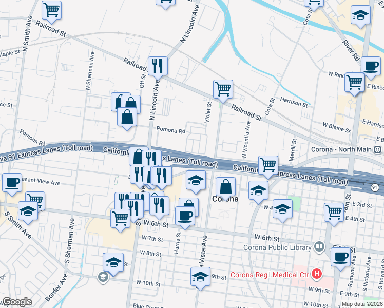 map of restaurants, bars, coffee shops, grocery stores, and more near 1080 Pomona Road in Corona
