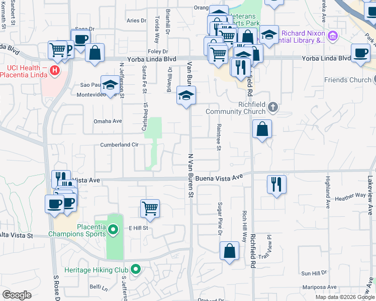 map of restaurants, bars, coffee shops, grocery stores, and more near 17331 Coventry Lane in Yorba Linda
