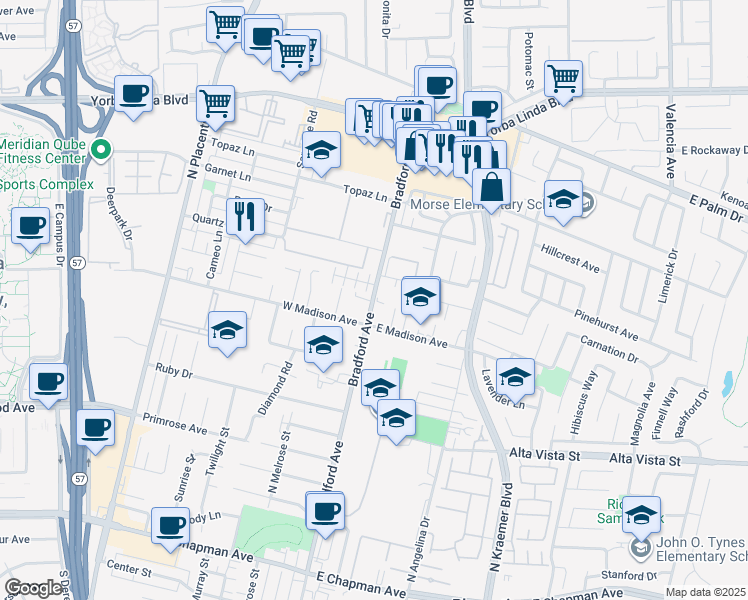 map of restaurants, bars, coffee shops, grocery stores, and more near 1034 Bradford Avenue in Placentia