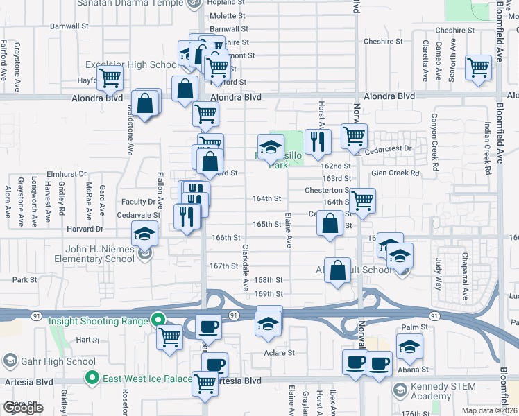 map of restaurants, bars, coffee shops, grocery stores, and more near 11931 Cedarvale Street in Norwalk