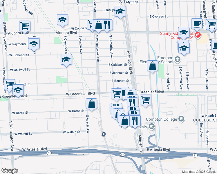 map of restaurants, bars, coffee shops, grocery stores, and more near 1513 South Bentley Avenue in Compton