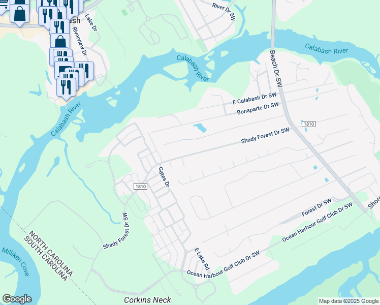 map of restaurants, bars, coffee shops, grocery stores, and more near 9208 Shady Forest Drive Southwest in Calabash