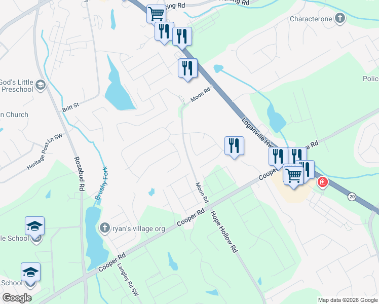 map of restaurants, bars, coffee shops, grocery stores, and more near 2613 Madison Mae Lane in Grayson