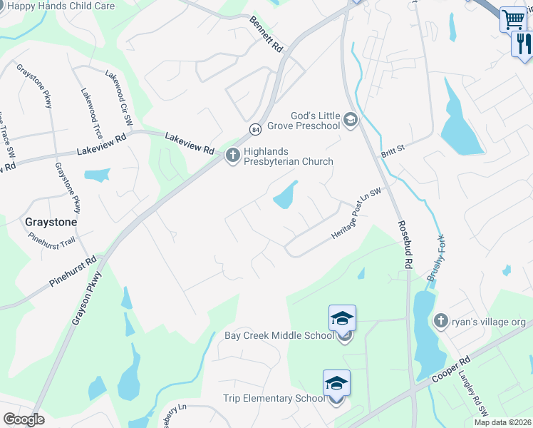 map of restaurants, bars, coffee shops, grocery stores, and more near 2592 Heritage Lake Cove Lane in Grayson