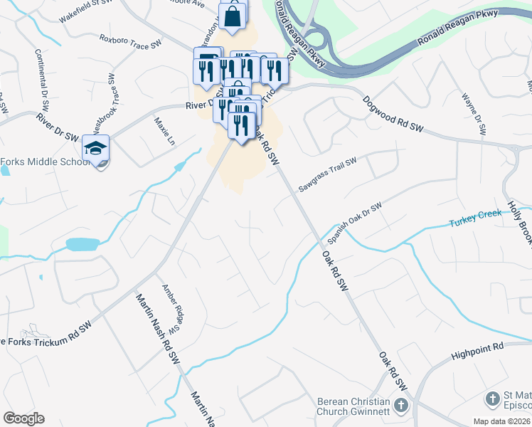 map of restaurants, bars, coffee shops, grocery stores, and more near 3055 Sawgrass Trail Southwest in Lilburn
