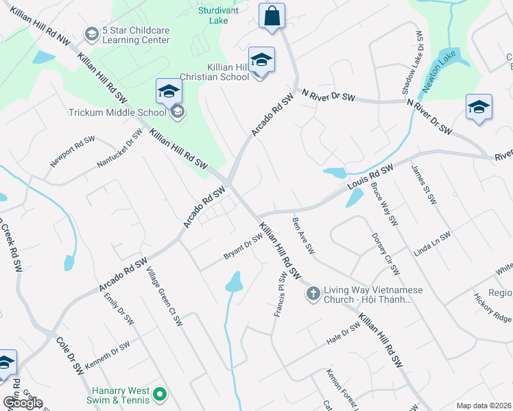 map of restaurants, bars, coffee shops, grocery stores, and more near 336 Killian Hill Road Southwest in Lilburn