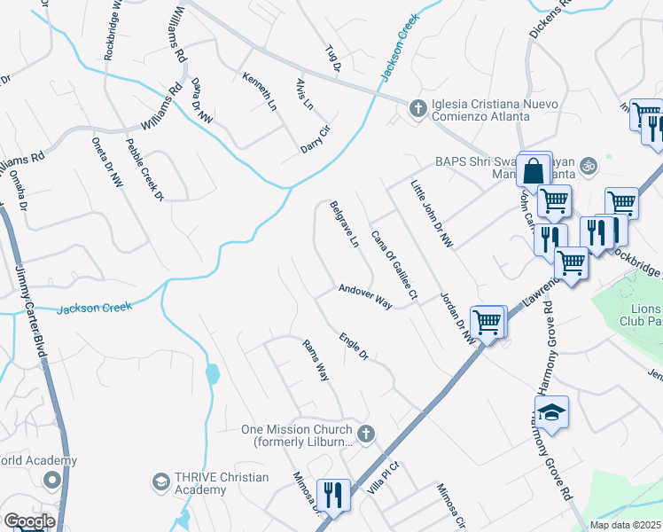 map of restaurants, bars, coffee shops, grocery stores, and more near 720 Belgrave Lane in Tucker