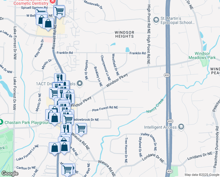 map of restaurants, bars, coffee shops, grocery stores, and more near 425 Windsor Parkway in Atlanta