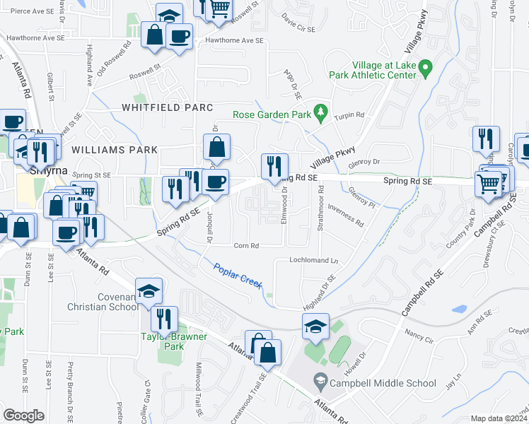 map of restaurants, bars, coffee shops, grocery stores, and more near 506 Spring Heights Lane in Smyrna