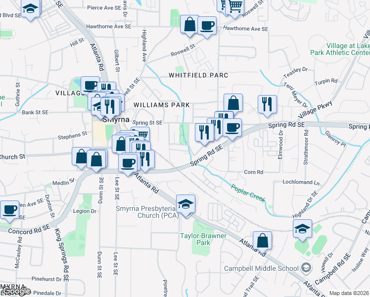 map of restaurants, bars, coffee shops, grocery stores, and more near 2882 Bernard Lane Southeast in Smyrna