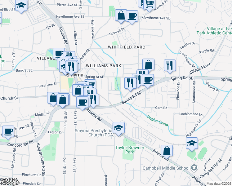map of restaurants, bars, coffee shops, grocery stores, and more near 2880 Bernard Way in Smyrna