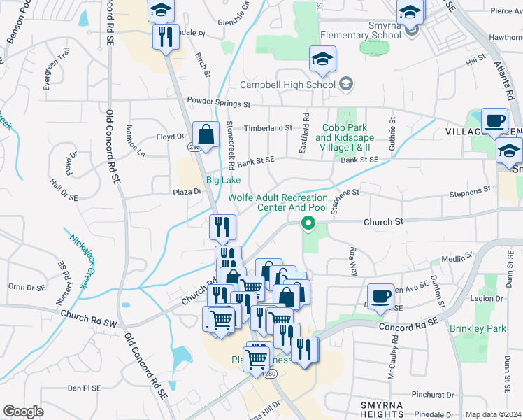 map of restaurants, bars, coffee shops, grocery stores, and more near 768 Pinehill Drive in Smyrna