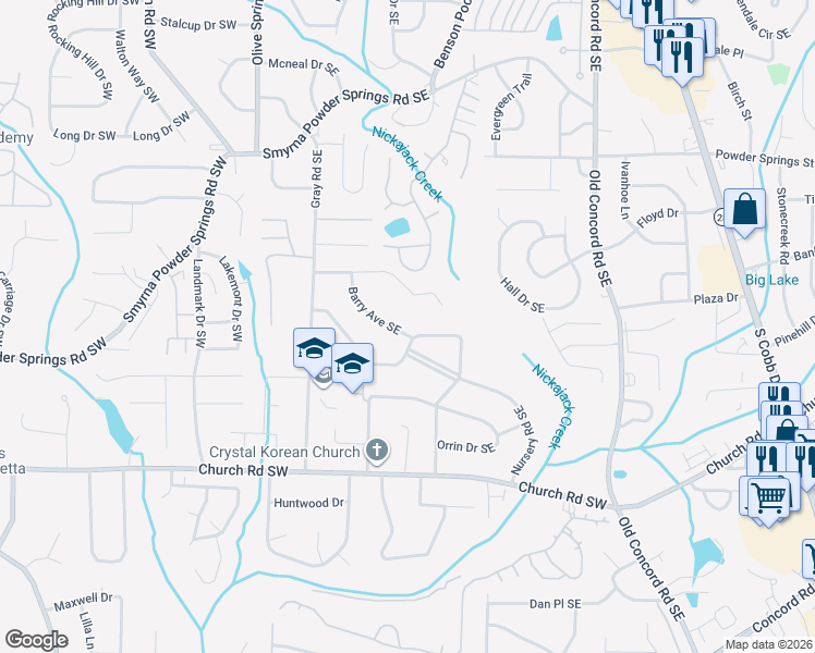 map of restaurants, bars, coffee shops, grocery stores, and more near 2999 Barry Avenue Southeast in Smyrna