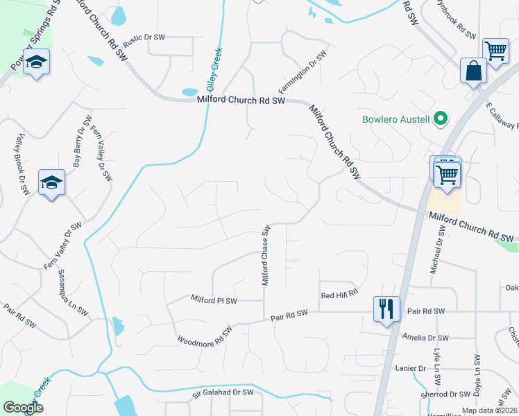 map of restaurants, bars, coffee shops, grocery stores, and more near 1611 Milford Creek Overlook Southwest in Marietta