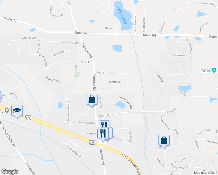map of restaurants, bars, coffee shops, grocery stores, and more near 5053 Mickleton Way in Powder Springs