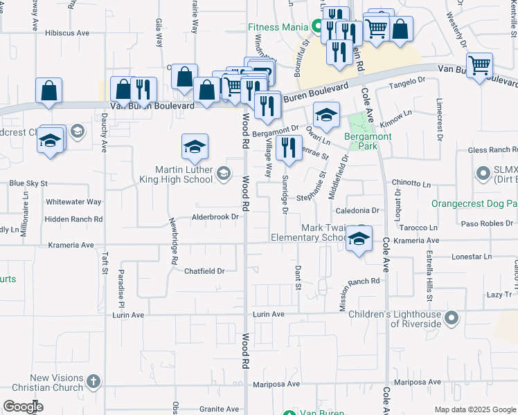 map of restaurants, bars, coffee shops, grocery stores, and more near 19048 Weathervane Place in Riverside