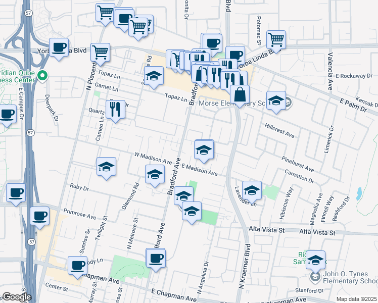 map of restaurants, bars, coffee shops, grocery stores, and more near 1034 Bradford Avenue in Placentia
