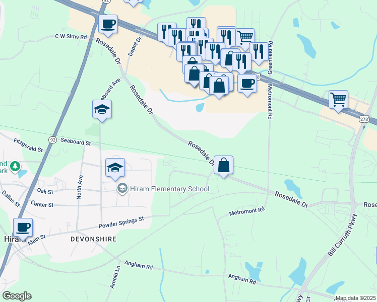 map of restaurants, bars, coffee shops, grocery stores, and more near 467-599 Rosedale Drive in Hiram