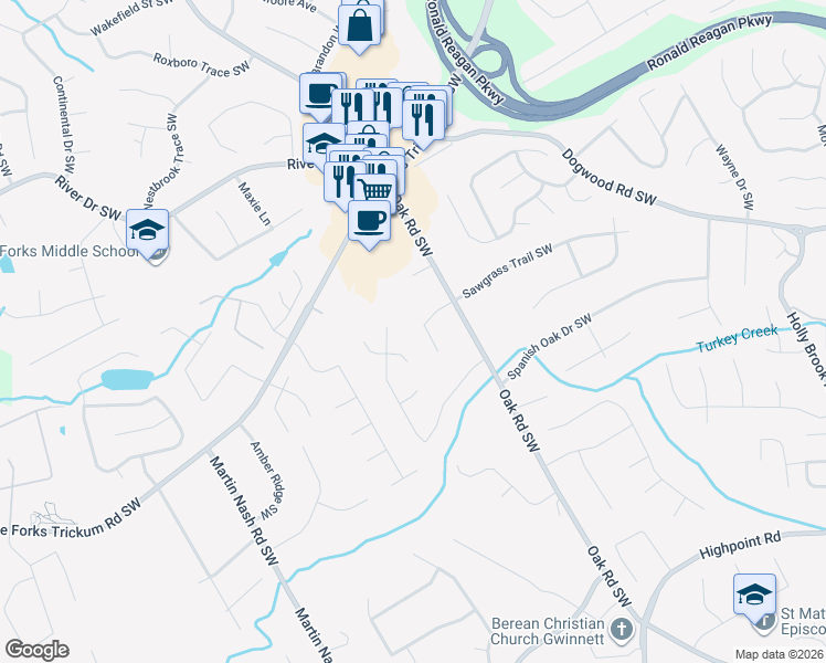 map of restaurants, bars, coffee shops, grocery stores, and more near 3055 Sawgrass Trail Southwest in Lilburn