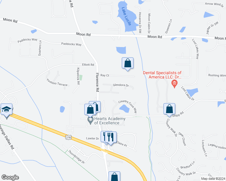 map of restaurants, bars, coffee shops, grocery stores, and more near 5053 Mickleton Way in Powder Springs