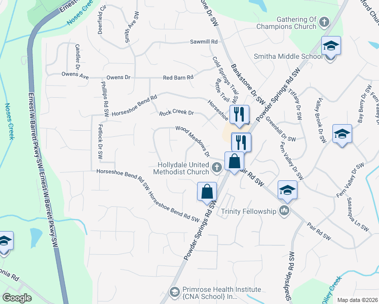 map of restaurants, bars, coffee shops, grocery stores, and more near 2488 Wood Meadows Drive in Marietta