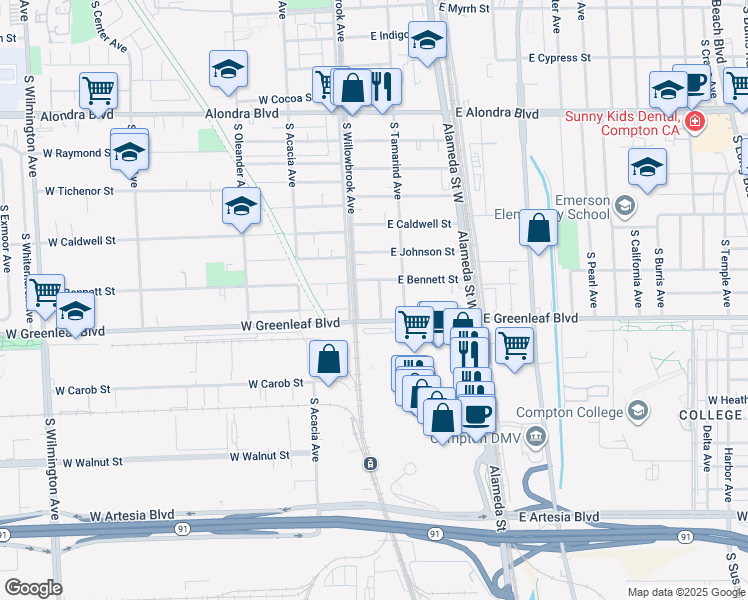 map of restaurants, bars, coffee shops, grocery stores, and more near 1513 S Bentley Ave in Compton