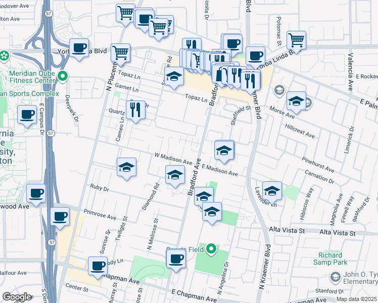 map of restaurants, bars, coffee shops, grocery stores, and more near 1019 Bradford Avenue in Placentia