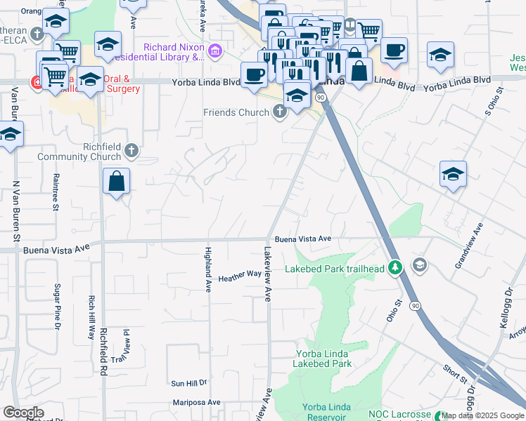 map of restaurants, bars, coffee shops, grocery stores, and more near 18182 Hutchings Drive in Yorba Linda