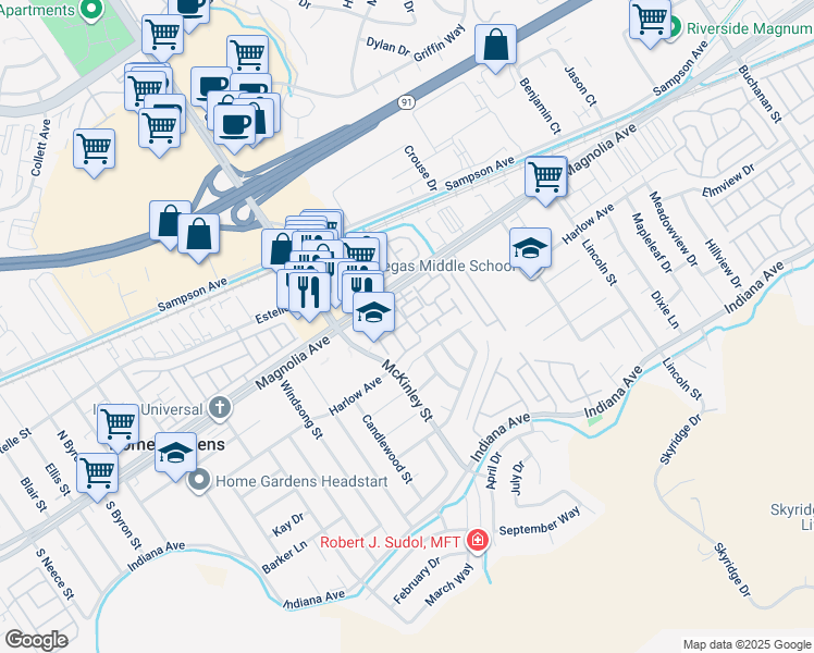 map of restaurants, bars, coffee shops, grocery stores, and more near 13026 Vía Salvia in Riverside