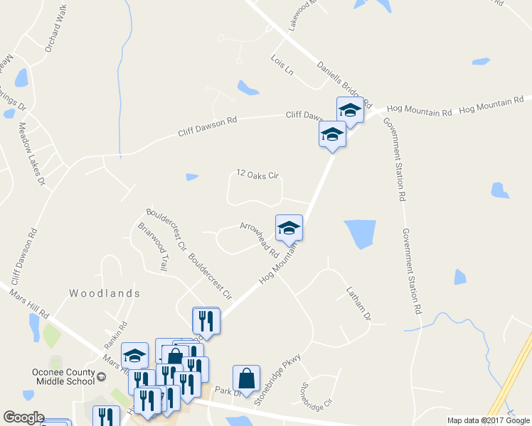map of restaurants, bars, coffee shops, grocery stores, and more near 1270 12 Oaks Circle in Watkinsville