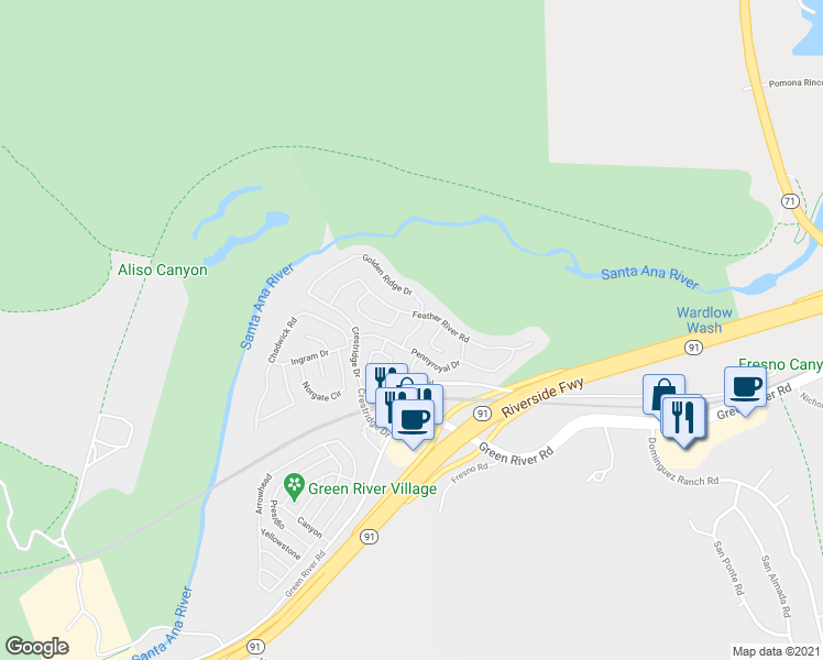 map of restaurants, bars, coffee shops, grocery stores, and more near 4631 Golden Ridge Drive in Corona