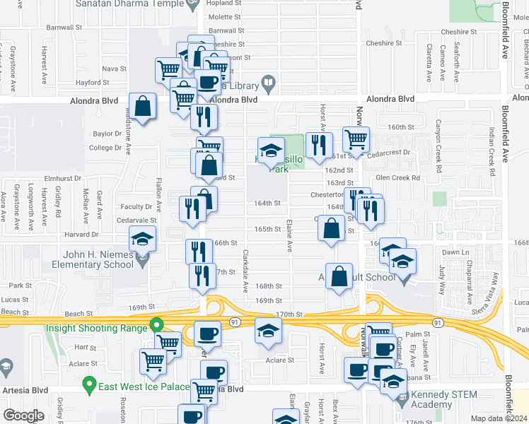map of restaurants, bars, coffee shops, grocery stores, and more near 11931 Cedarvale Street in Norwalk