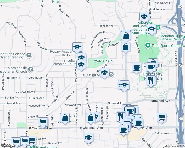 map of restaurants, bars, coffee shops, grocery stores, and more near in Fullerton