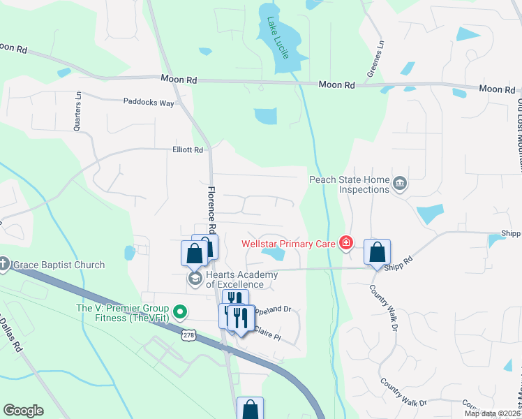 map of restaurants, bars, coffee shops, grocery stores, and more near 2996 Chesilhurst Court in Powder Springs