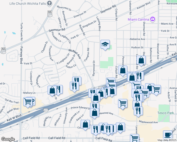 map of restaurants, bars, coffee shops, grocery stores, and more near 3005 McNiel Avenue in Wichita Falls