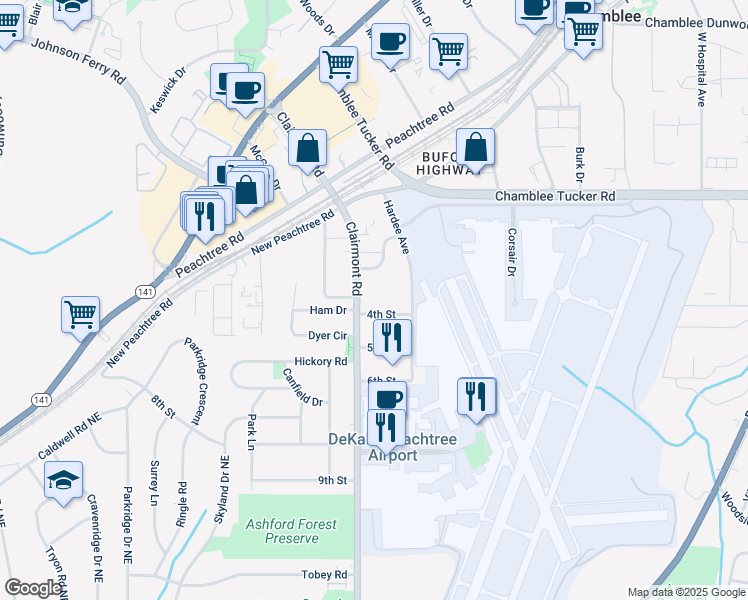 map of restaurants, bars, coffee shops, grocery stores, and more near 4105 Clairmont Road in Chamblee