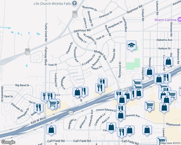 map of restaurants, bars, coffee shops, grocery stores, and more near 8 Avery Row Court in Wichita Falls