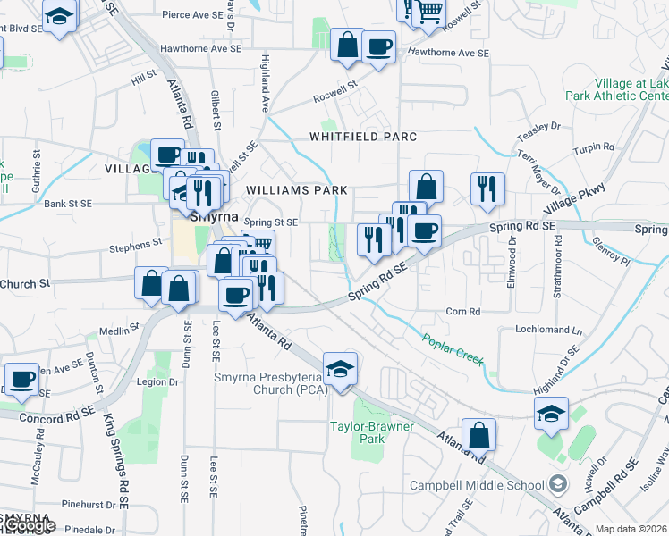 map of restaurants, bars, coffee shops, grocery stores, and more near 2882 Bernard Lane Southeast in Smyrna
