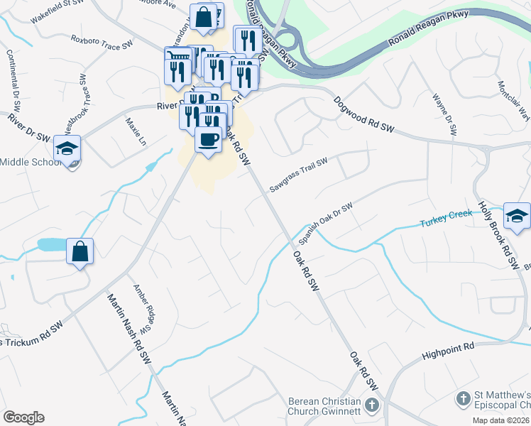 map of restaurants, bars, coffee shops, grocery stores, and more near 1071 Oak Road Southwest in Lilburn