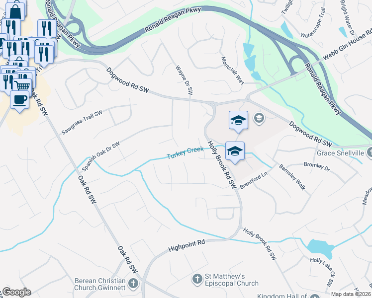 map of restaurants, bars, coffee shops, grocery stores, and more near 1212 Holly Hills Drive Southwest in Lilburn