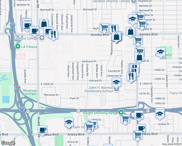 map of restaurants, bars, coffee shops, grocery stores, and more near 16409 Sylvanwood Avenue in Norwalk