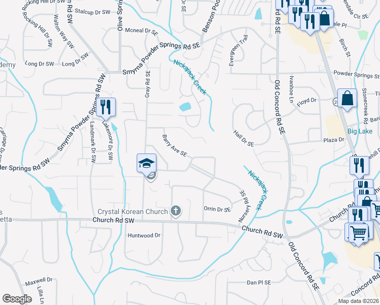 map of restaurants, bars, coffee shops, grocery stores, and more near 2999 Barry Avenue Southeast in Smyrna