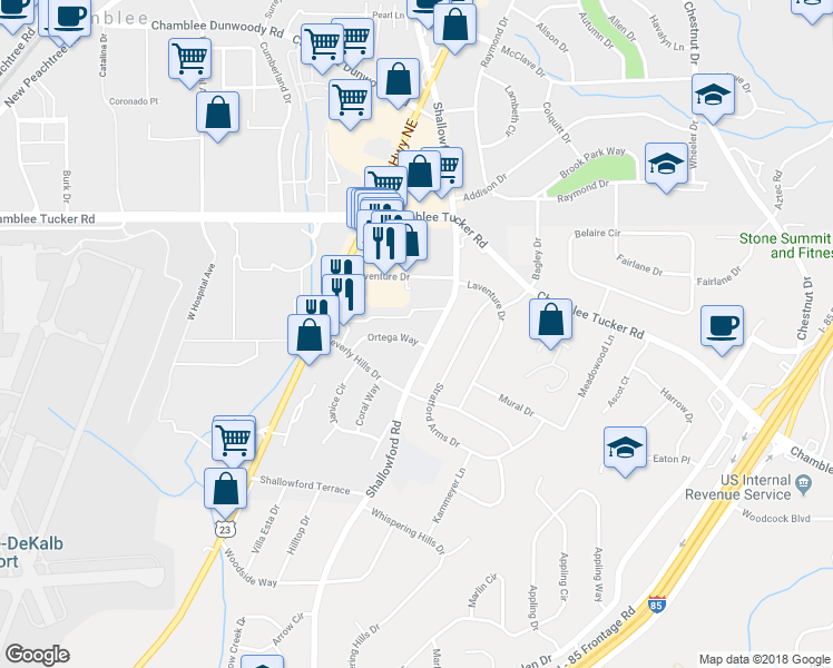 map of restaurants, bars, coffee shops, grocery stores, and more near 2506 Ortega Way in Chamblee
