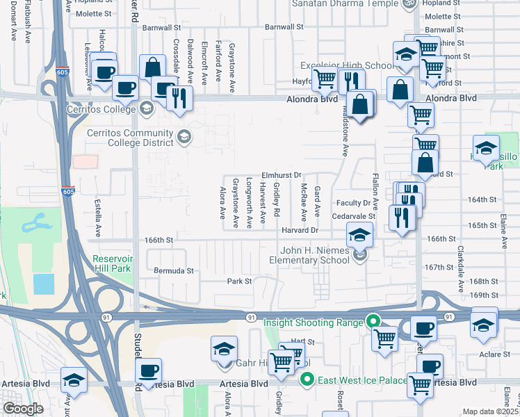 map of restaurants, bars, coffee shops, grocery stores, and more near 16407 Harvest Avenue in Norwalk