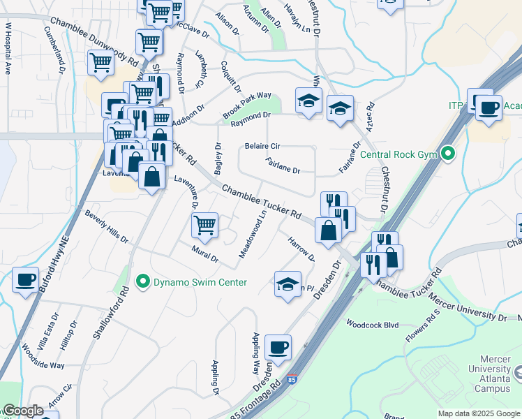map of restaurants, bars, coffee shops, grocery stores, and more near 3174 Meadowood Lane in Chamblee